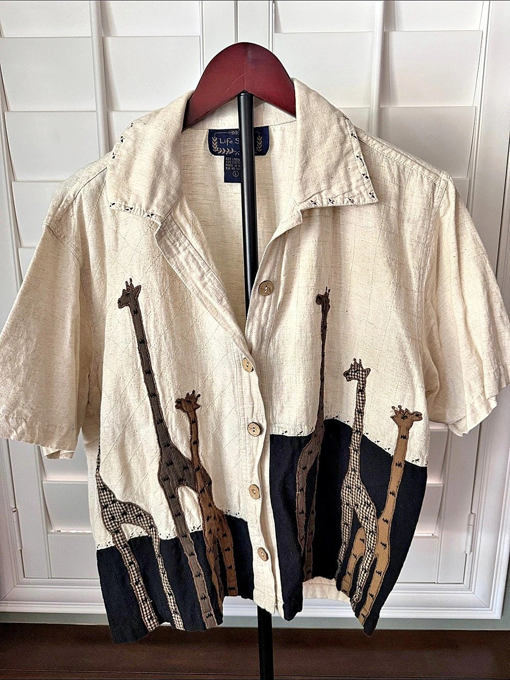 Life Style Giraffe Appliqué Linen Cotton Shirt